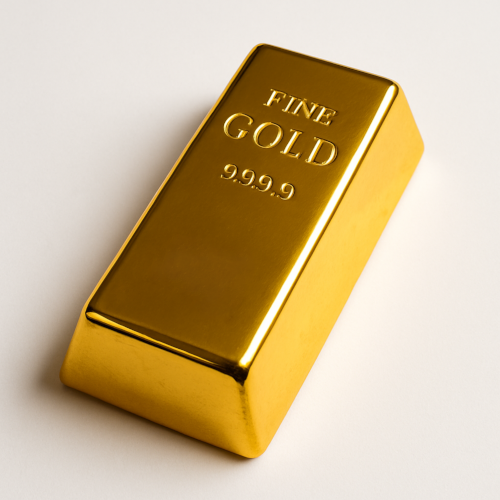 Een goudstaaf ligt centraal op een witte ondergrond, met een glanzend oppervlak dat het licht weerkaatst. Deze goudstaaf vertegenwoordigt de waardevolle investering in goud, die vaak wordt vergeleken met gouden munten en zilveren munten, en is een belangrijk product van de goudbank in Antwerpen.